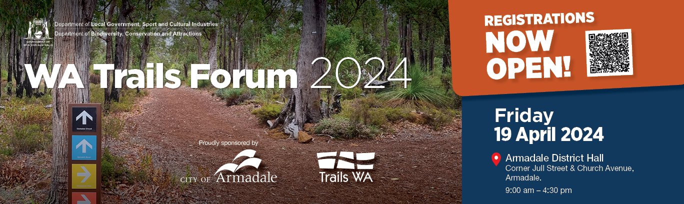 WA Trails Forum flyer with image of trails and barcode to register