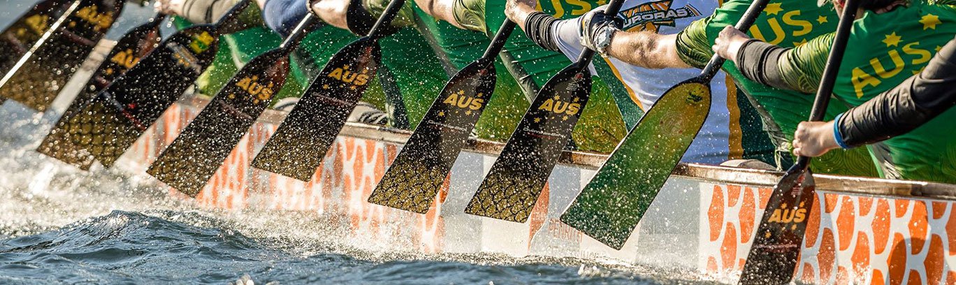 left side of dragon boat with oars rowing during a race