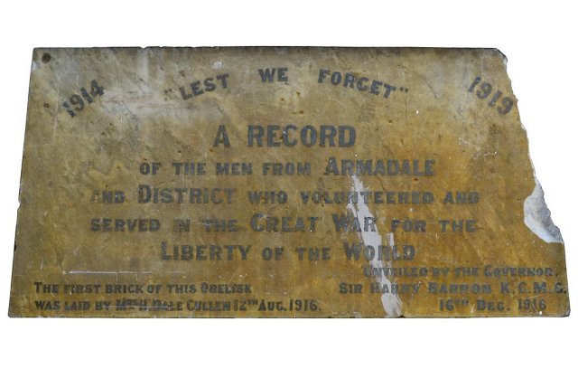 ‘Lest We Forget’ marble panel from the Armadale Obelisk Memorial, 16 December 1916.