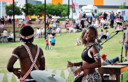 Picture of African musicians from the group Village Vibes playing to a crowd at a City of Armadale Hawkers Market