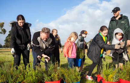 Children and adults planting trees