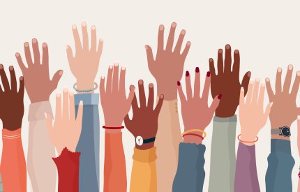 Image of many hands with different skin tones being raised